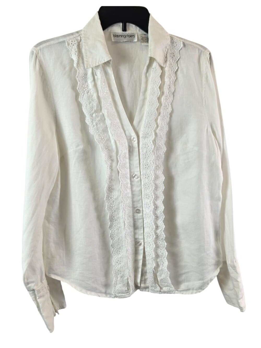 Bloomingdale's Blouse Women's M White 100% Linen Eyelet Long Sleeves Button Down